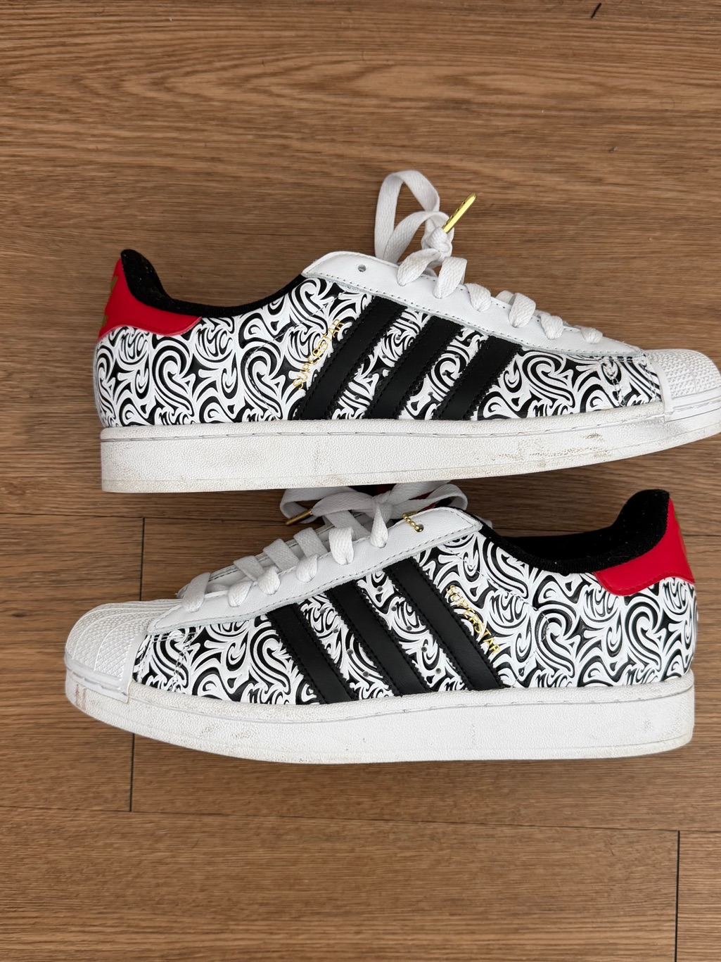 Adidas White Black Red Swirl Pattern Sneakers